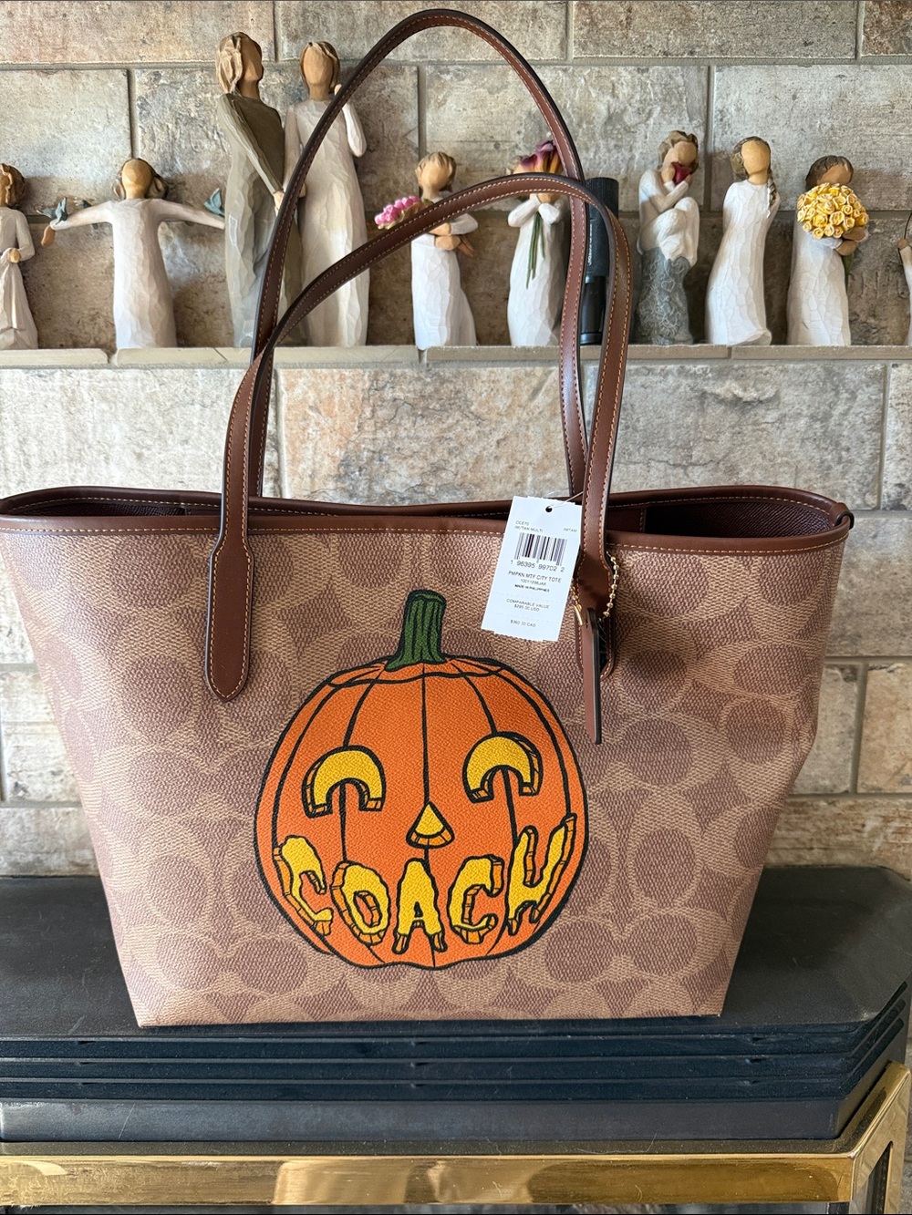 Coach Brown Signature City Tote with Orange Pumpkin Graphic
